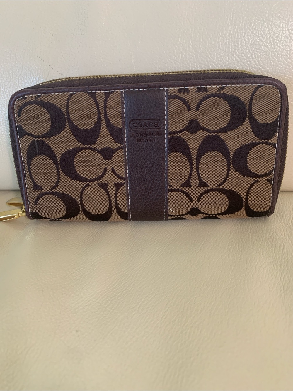 Coach Dark Brown Signature Zip Wallet with Gold-Tone Hardware